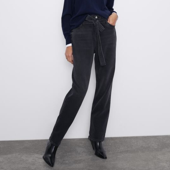 Zara straight tie belt paperbag jeans 2 - Picture 1 of 16